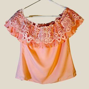 Off the Shoulder Peach-Colored Lace Top from Brazil - Women's Size Small